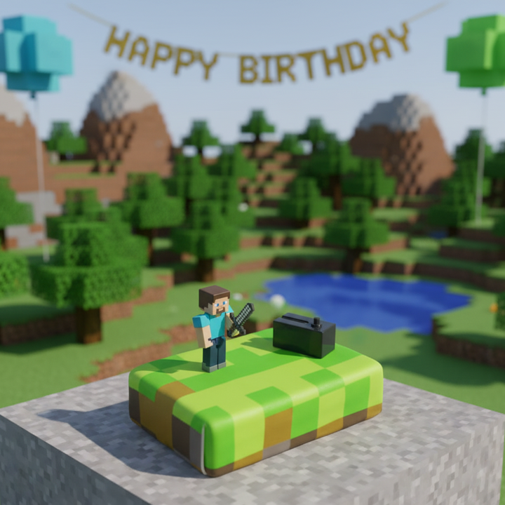 Minecraft®-Figur auf Spielewelt-Torte