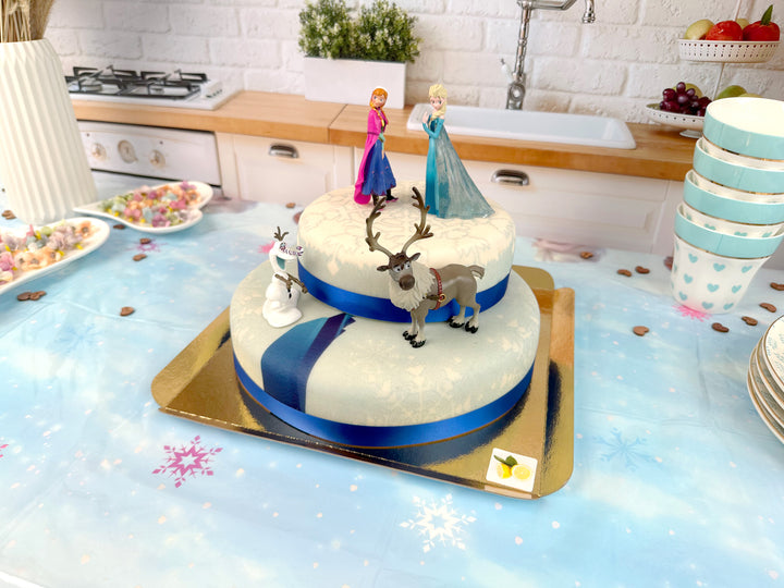 Die Eiskönigin® Elsa, Schwester Anna &amp; Olaf Figuren auf 2-stöckiger Schneeflocken-Torte
