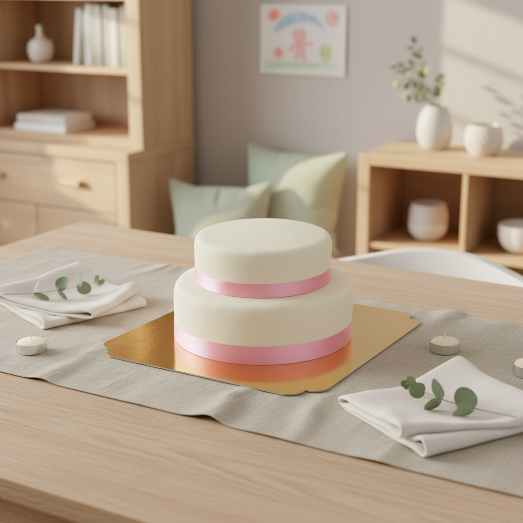 Zweistöckige weiße Torte mit Tortenband
