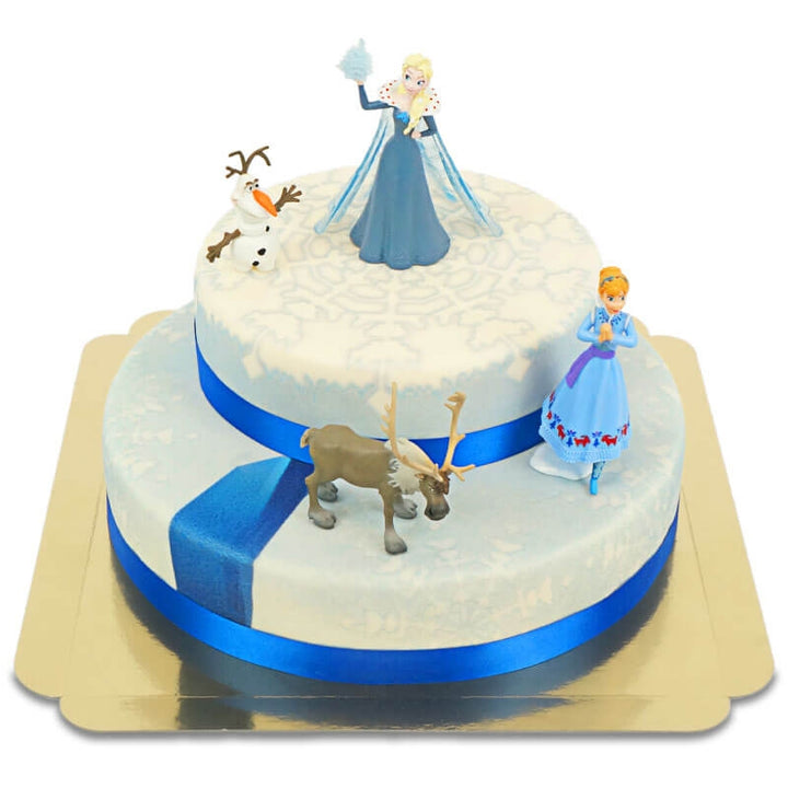 Die Eiskönigin® Elsa, Schwester Anna &amp; Olaf Figuren auf 2-stöckiger Schneeflocken-Torte
