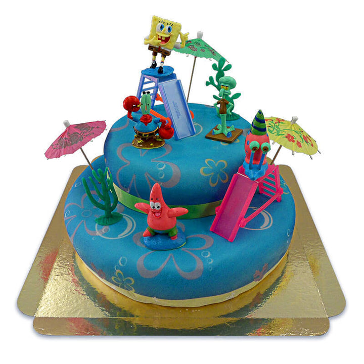 Spongebob® &amp; Patrick auf zweistöckiger Meeres-Torte mit Band