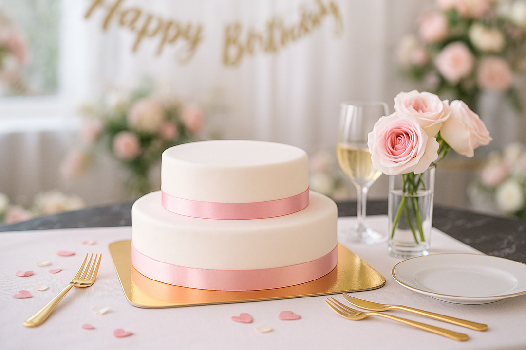 Zweistöckige weiße Torte mit Tortenband